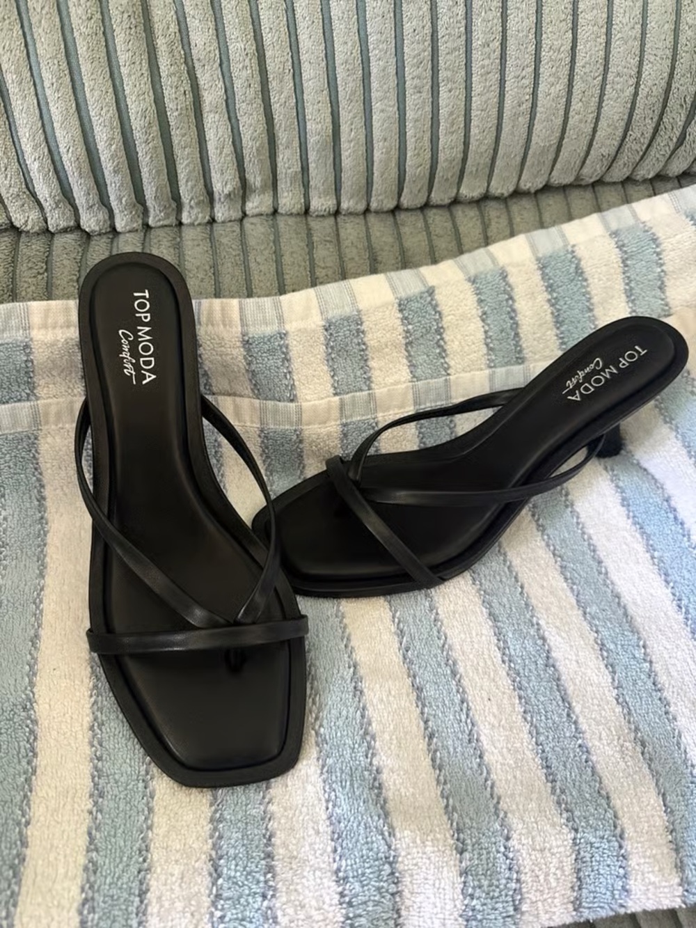 TOPMODA Black Strappy Square-Toe Kitten Heel Mules
